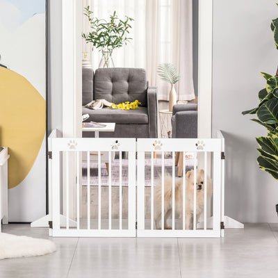 PawHut Freestanding Pet Gate 4 Panel Wooden Dog Barrier Folding Safety Fence with Support Feet up to 204cm Long 61cm Tall for Doorway Stairs White 