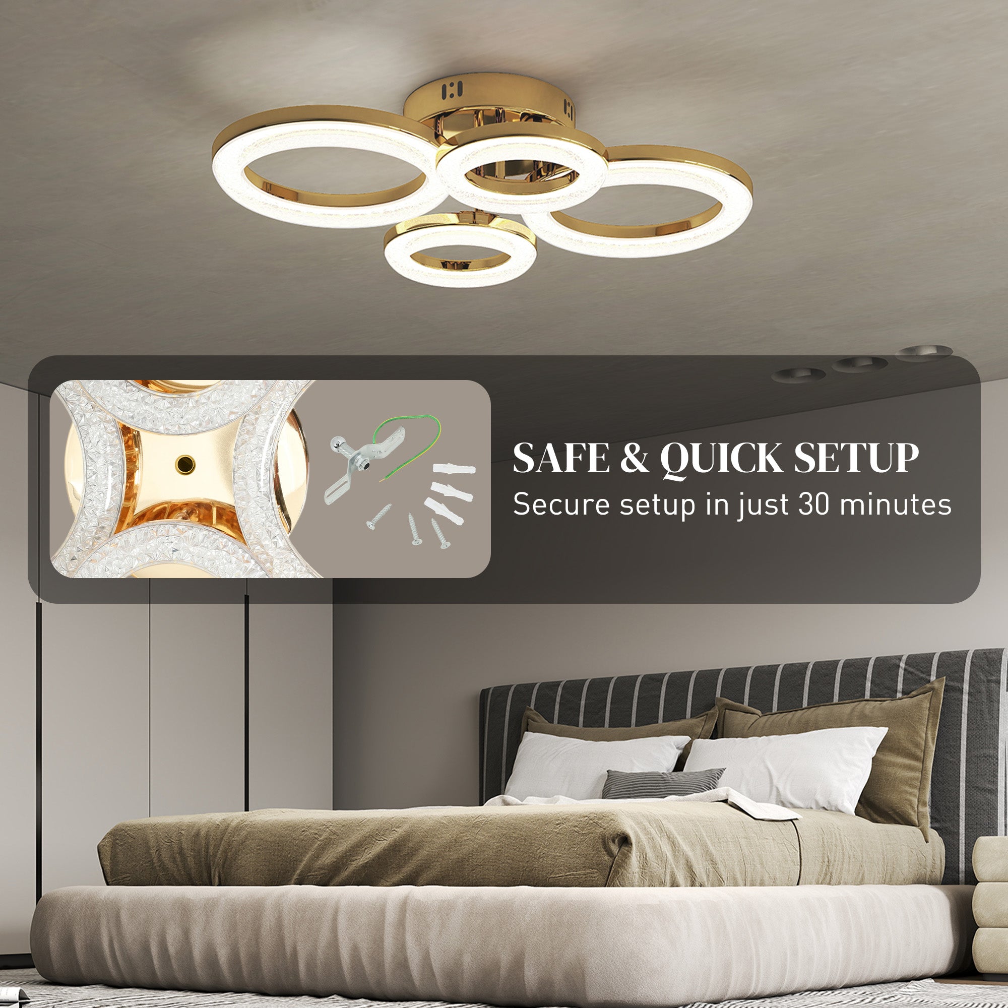 HOMCOM LED Ceiling Light, Modern Dimmable 4 Rings Ceiling Lamp with Wall Switch, 40W 4350lm Flush Mount Ceiling Light with 3500K/4500K/6000K Colour Temperatures for Living Room, Bedroom, Gold Tone 