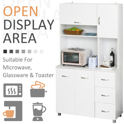 HOMCOM Kitchen Cupboard, 183cm Tall Storage Cabinet with Countertop, Sideboard with 3 Drawers, 4 Doors and Open Shelves, 100W x 39.5D x 183.5H cm, White 