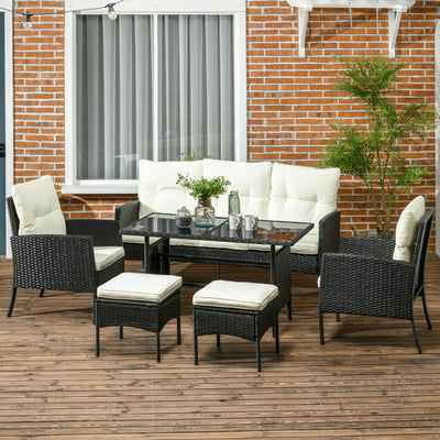 Outsunny 5 Seater Rattan Garden Furniture Set, 2 Armchairs, 3-Seater Wicker Sofa, 2 Footstools and Glass Table, 6 Piece Patio Rattan furniture Sofa Sets with Cushions for Conservatory, White 