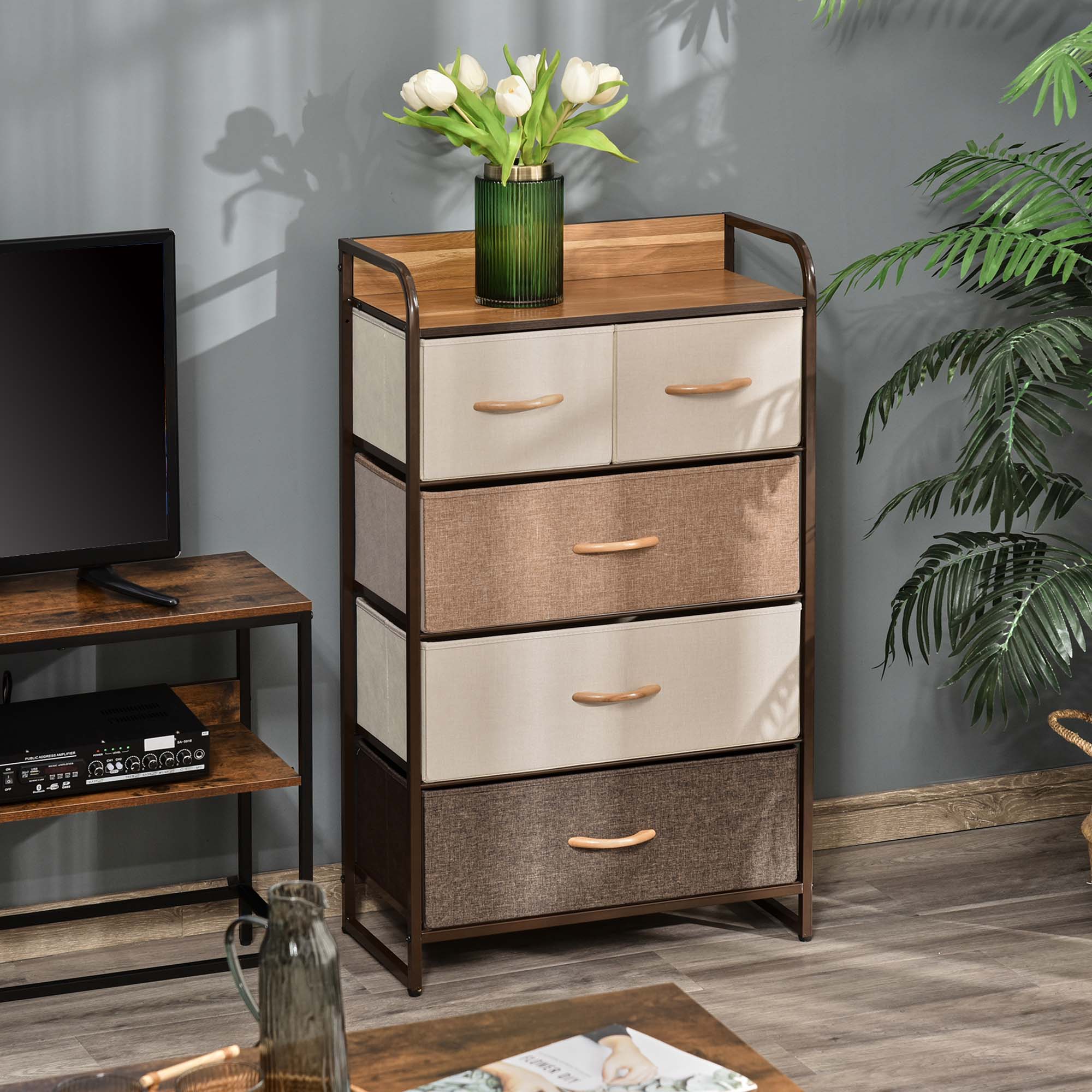 HOMCOM 5-Drawer Dresser Tower 3-Tier Storage Organizer with Steel Frame Wooden Top for Bedroom Hallway Closets 