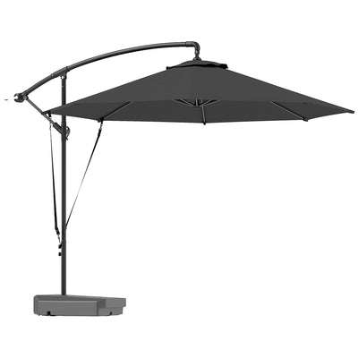 Outsunny 3(m) Garden Cantilever Parasol with Fillable Base, Wind Protection Strap, Cover, Round Banana Hanging Umbrella with Crank Handle and Tilt, Patio Umbrella for Outdoor Sun Shade, UPF50+, Grey 