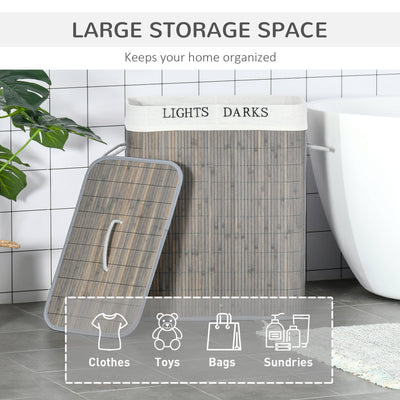 HOMCOM 100L Laundry Basket with Lid String Handles, 2 Section Collapsible Hamper Removable Lining Foldable Water-Resistant Dirty Clothes Storage, Grey 