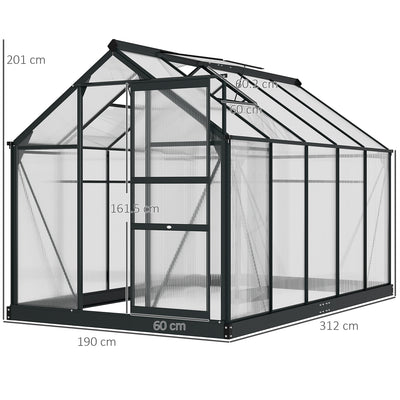 Outsunny 6 x 10ft Polycarbonate Greenhouse, Large Walk-In Green House with Slide Door and Window, Garden Plants Grow House with Aluminium Frame and Foundation, Grey 