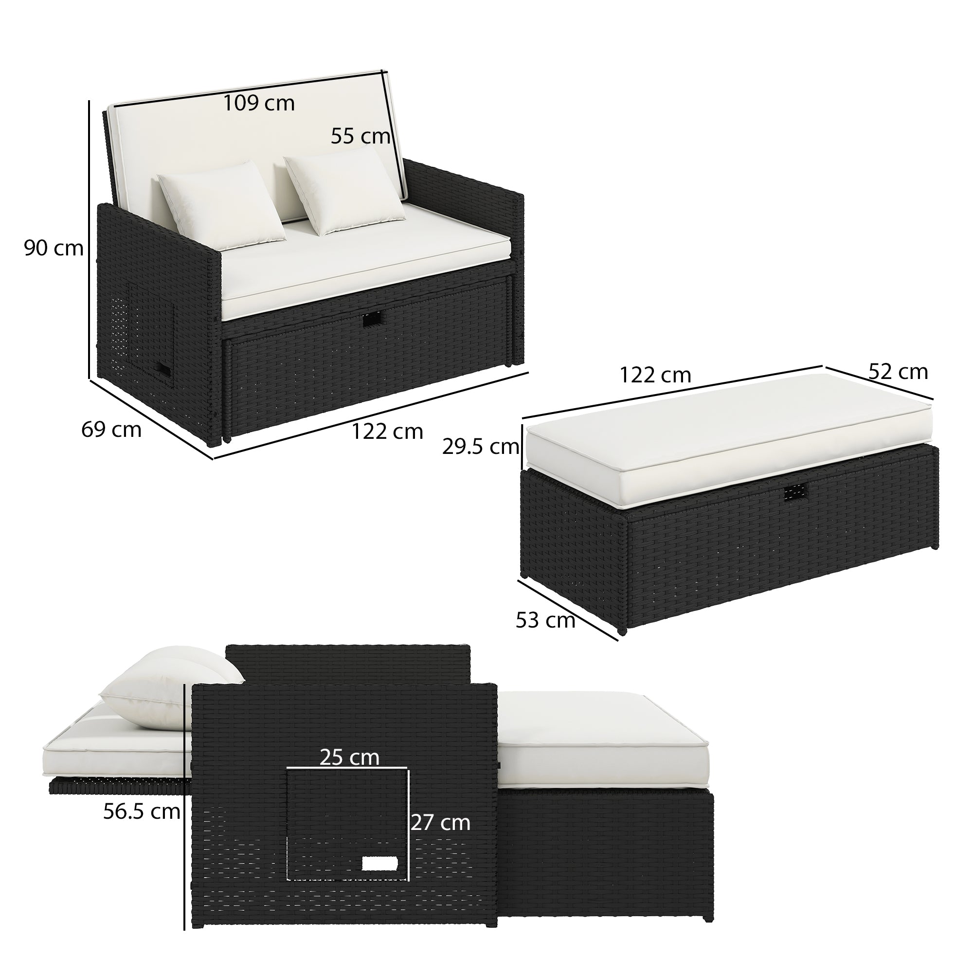 Outsunny Rattan Garden Daybed, Double Sun Lounger with 5-Level Adjustable Back, Storage Ottoman, Cream White 