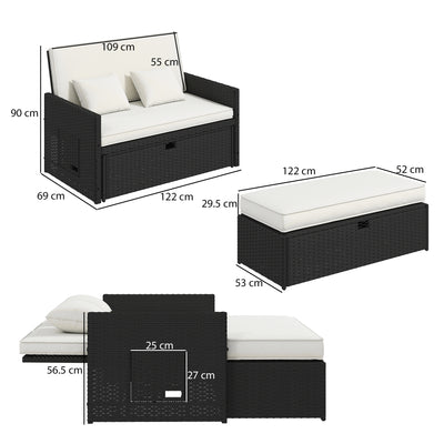 Outsunny Rattan Garden Daybed, Double Sun Lounger with 5-Level Adjustable Back, Storage Ottoman, Cream White 