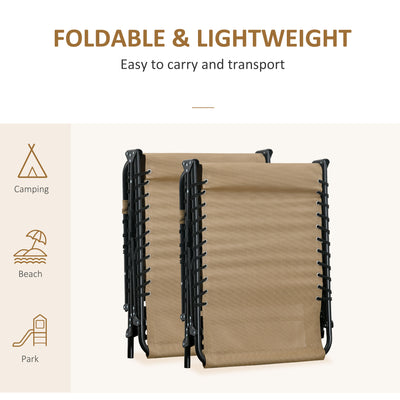 Outsunny Portable Sun Lounger Set of 2, Folding Camping Bed Cot, Reclining Lounge Chair 5-position Adjustable Backrest with Side Pocket, Pillow for Patio Garden Beach Pool, Beige 