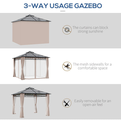 Outsunny 3 x 3 (m) Outdoor Polycarbonate Gazebo, Double\'c2\'a0Roof Hard Top Gazebo with\'c2\'a0Galvanised Steel Frame, Nettings\'c2\'a0&\'c2\'a0Curtains for Garden, Lawn, Patio and Deck, Khaki 
