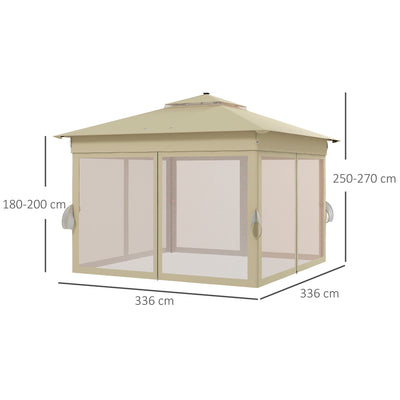 Outsunny 3 x 3(m) Pop Up Gazebo Party Tent with Solar-Powered LED Lights, Adjustable Event Shelter with Netting, Khaki 
