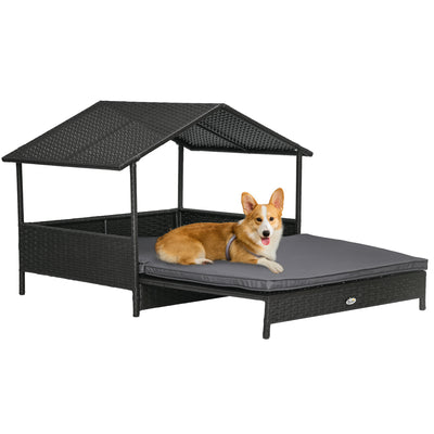 PawHut Extendable Elevated Dog Bed, Rattan Dog House w/ Water-Resistant Roof, Removable Cushion - Grey 
