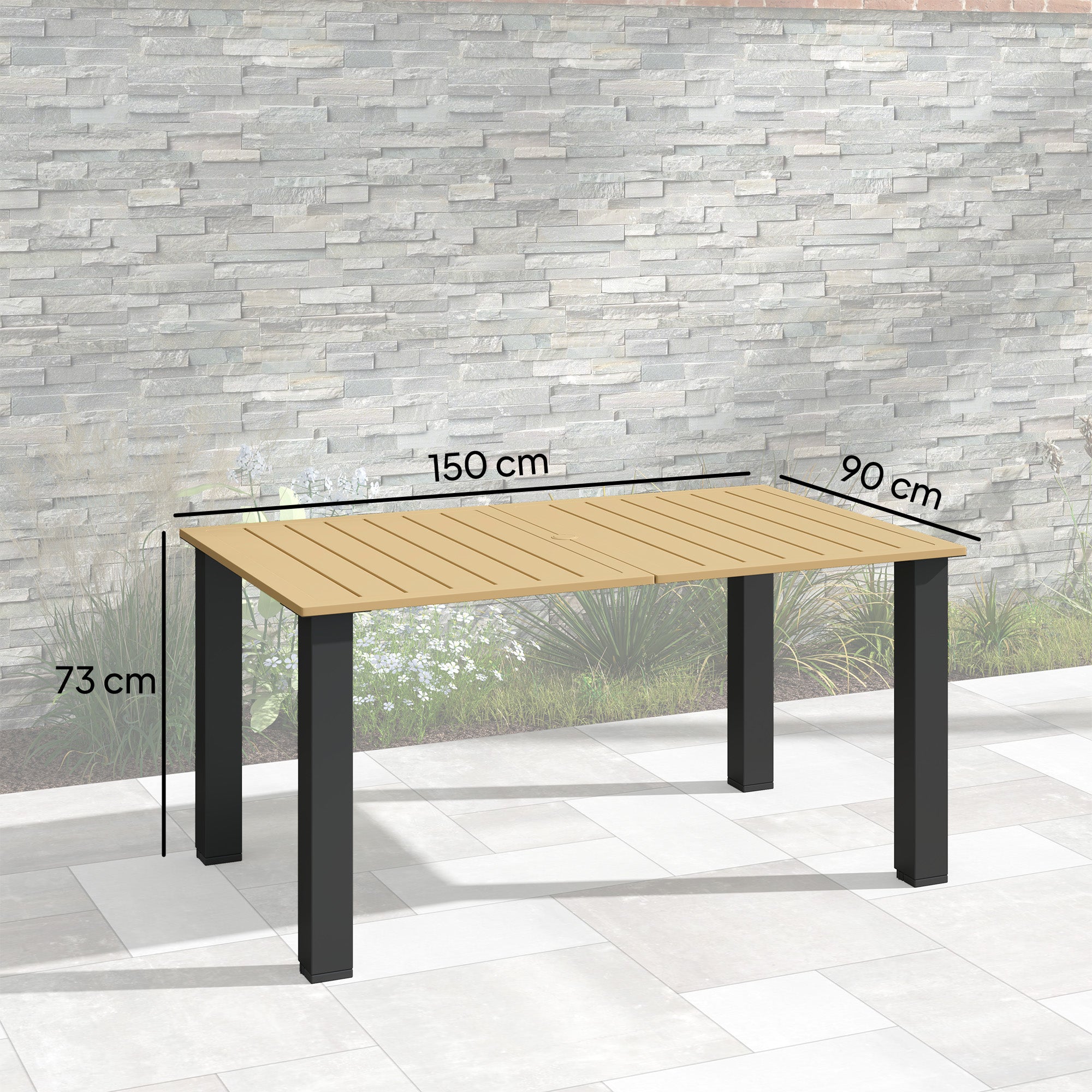 Outsunny Garden Dining Table for 6 with Parasol Hole, Rectangle Outdoor Garden Table with Slatted Metal Top, Steel Frame, Brown 