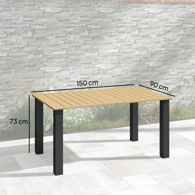 Outsunny Garden Dining Table for 6 with Parasol Hole, Rectangle Outdoor Garden Table with Slatted Metal Top, Steel Frame, Brown 