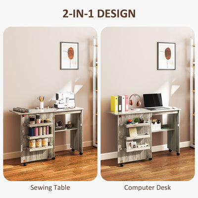 HOMCOM Folding Sewing Table, Drop Leaf Craft Table with Storage Bins, Open Shelf and Wheels, Rolling Sewing Machine Cabinet Computer Desk for Small Space, Grey 