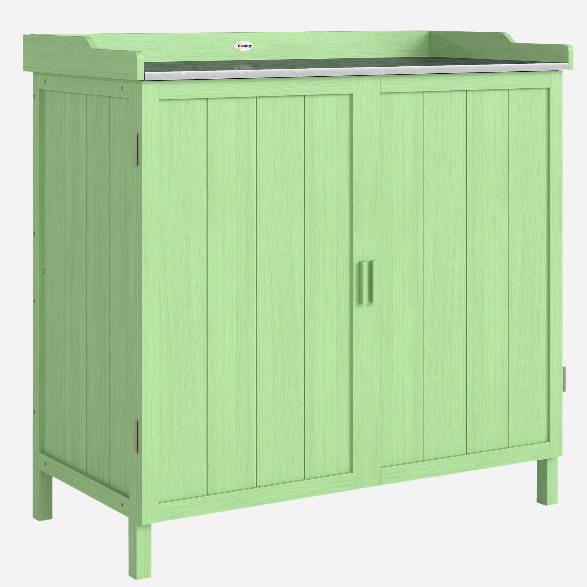 Outsunny Wood Garden Storage Cabinet, Outdoor Tool Shed, Potting Bench Table with galvanised Top and Two Shelves for garden Tools or Pool Accessories, Green 