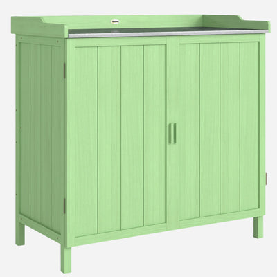 Outsunny Wood Garden Storage Cabinet, Outdoor Tool Shed, Potting Bench Table with galvanised Top and Two Shelves for garden Tools or Pool Accessories, Green 