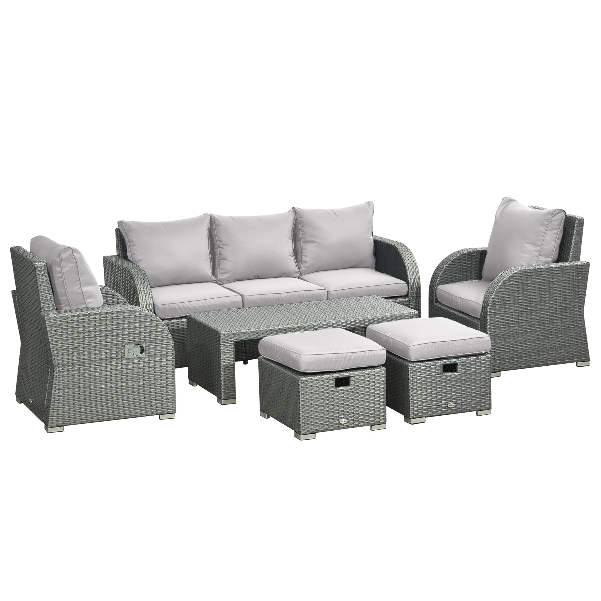 Outsunny Six-piece Outdoor Rattan Dining Set, with Reclining Armchairs - Grey 