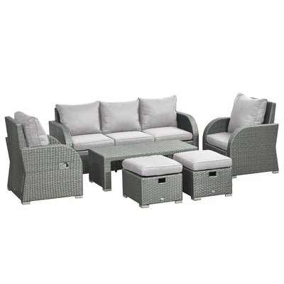 Outsunny Six-piece Outdoor Rattan Dining Set, with Reclining Armchairs - Grey 