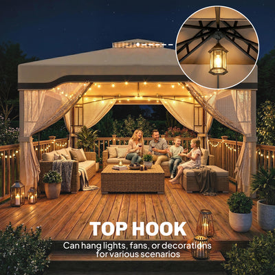 Outsunny 3 x 3.6 m Outdoor Garden Gazebo with Post Shelves, UPF50+ Patio Permanent Pavilion with Hook, Khaki 