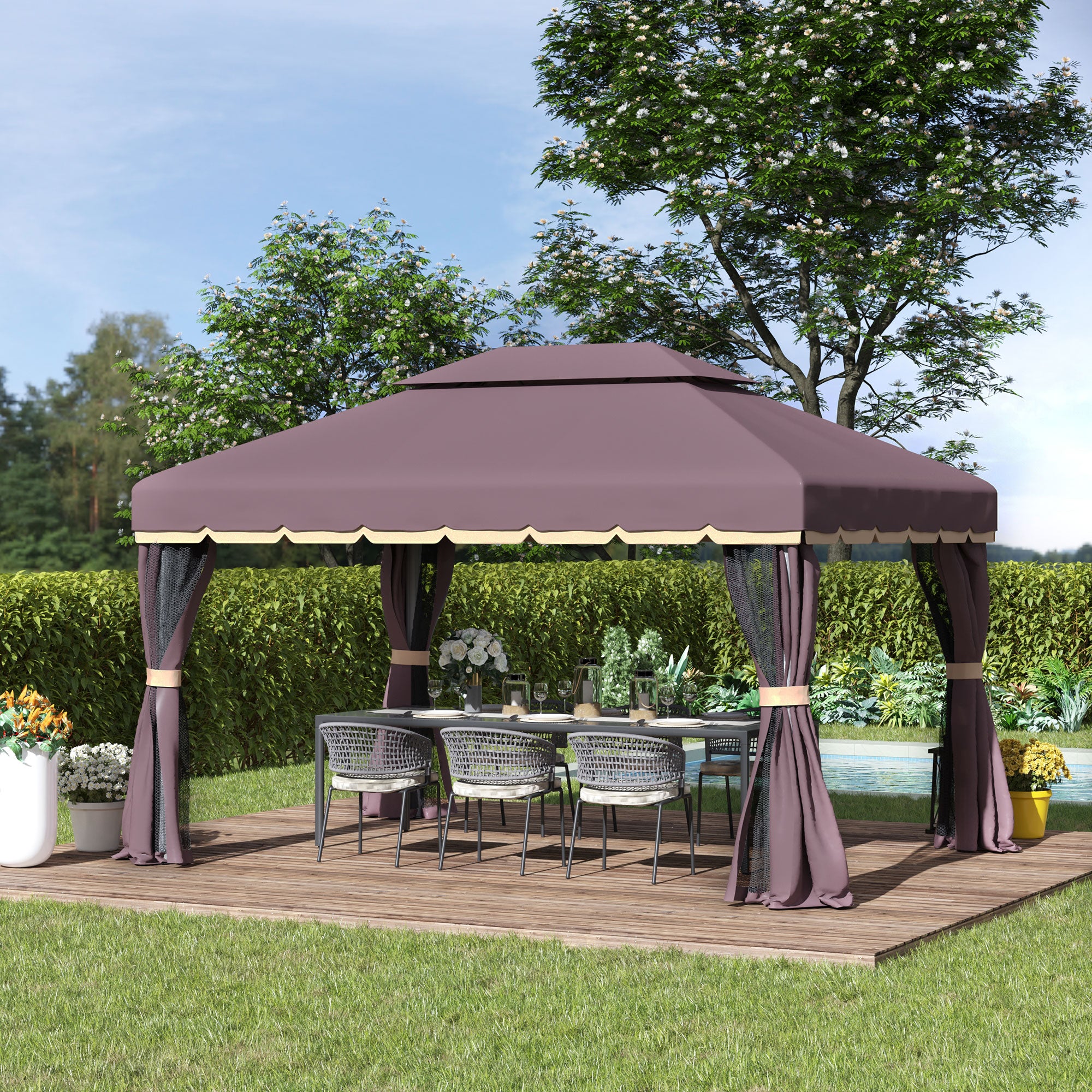 Outsunny 3 x 4m Aluminium Garden Gazebo, Marquee Canopy Shelter Pavilion Party Tent with Nets and Curtains for Garden and Deck, Coffee 