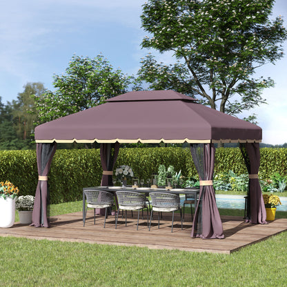 Outsunny 3 x 4m Aluminium Garden Gazebo, Marquee Canopy Shelter Pavilion Party Tent with Nets and Curtains for Garden and Deck, Coffee 