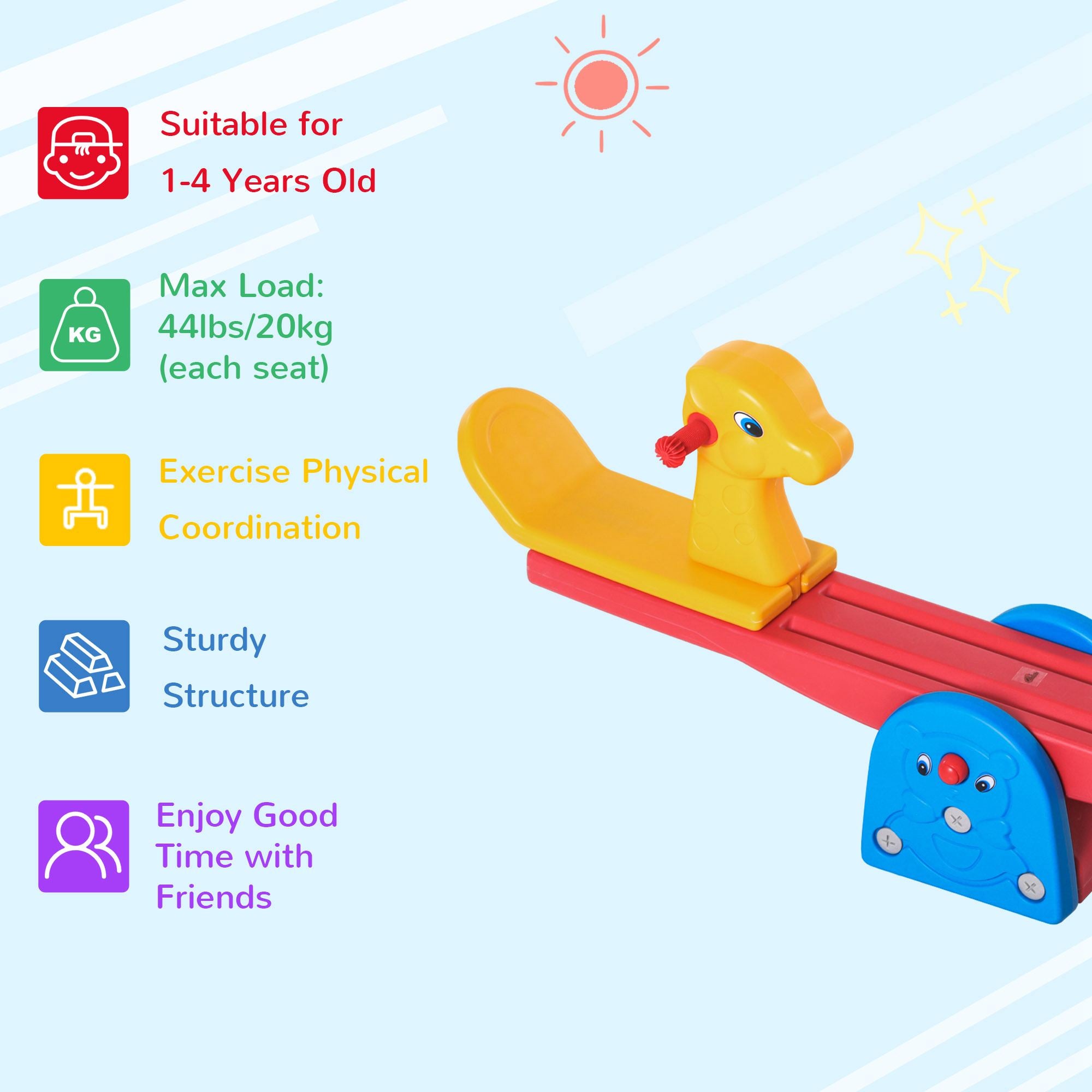 HOMCOM Kids Seesaw Safe Teeter Totter 2 Seats with Easy-Grip Handles, Safe, Indoor Outdoor Living Room Playroom Backyard Equipment, for 1-4 years old Multicolor 