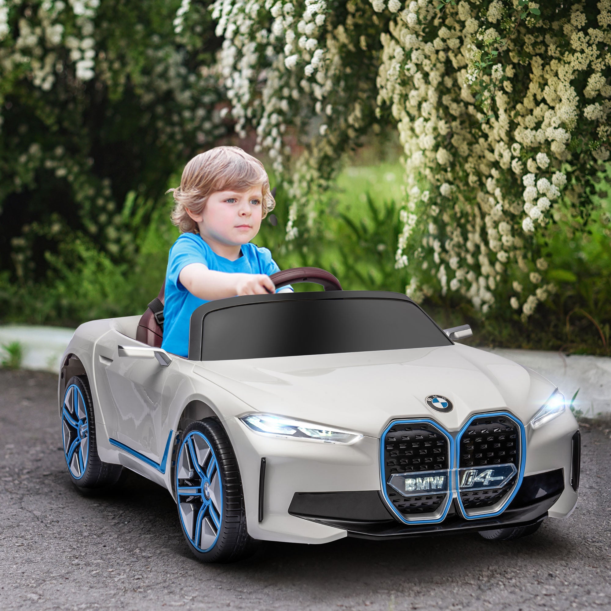 HOMCOM BMW i4 Licensed 12V Kids Electric Ride-On Car, White, red and light blue