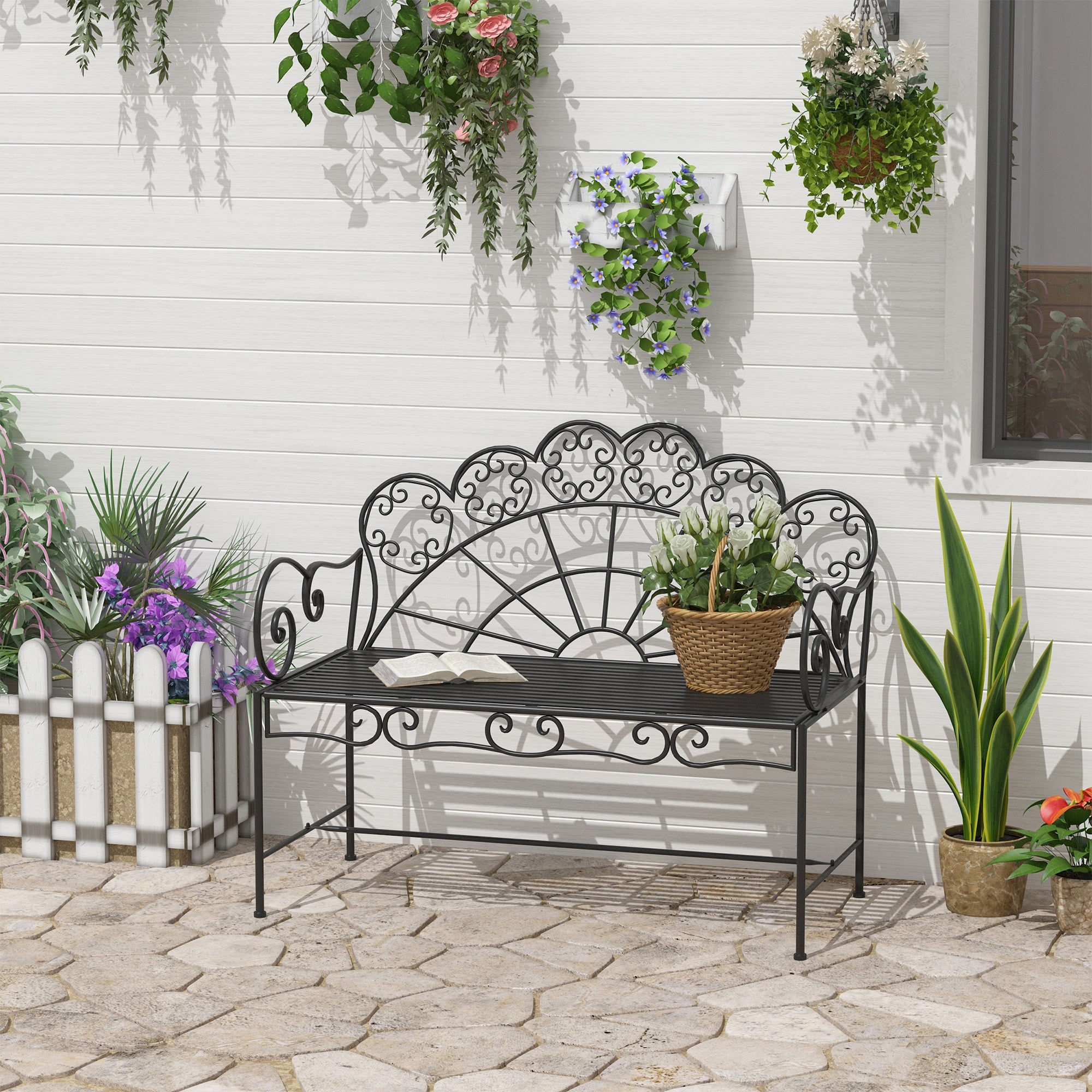 Outsunny Metal Garden Bench Loveseat with Slatted Seat, Black 