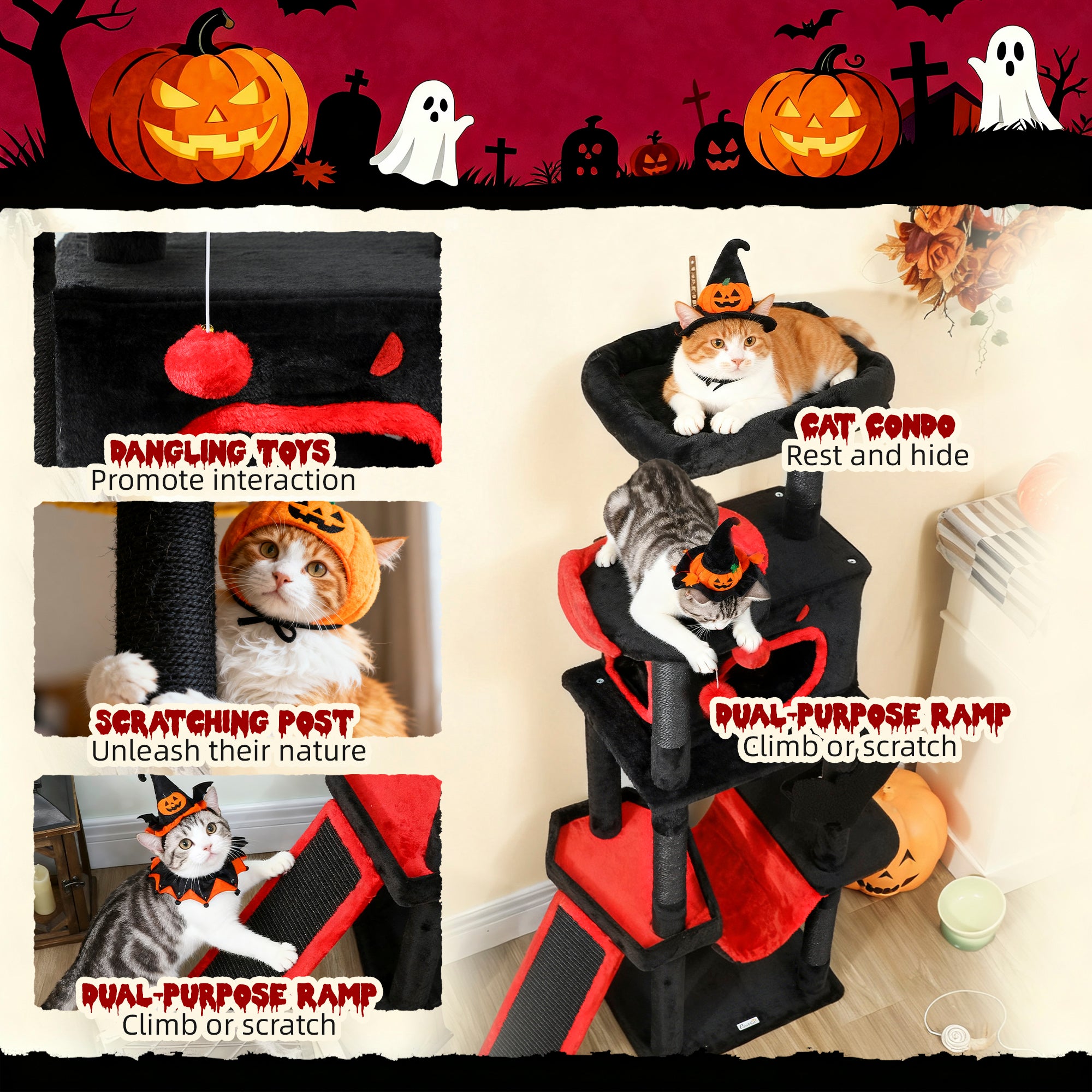 PawHut Gothic Cat Tree, 152 cm Multi-Level Cat Tower for Large Cats with Coffin Bed, Large Condo, for Halloween 