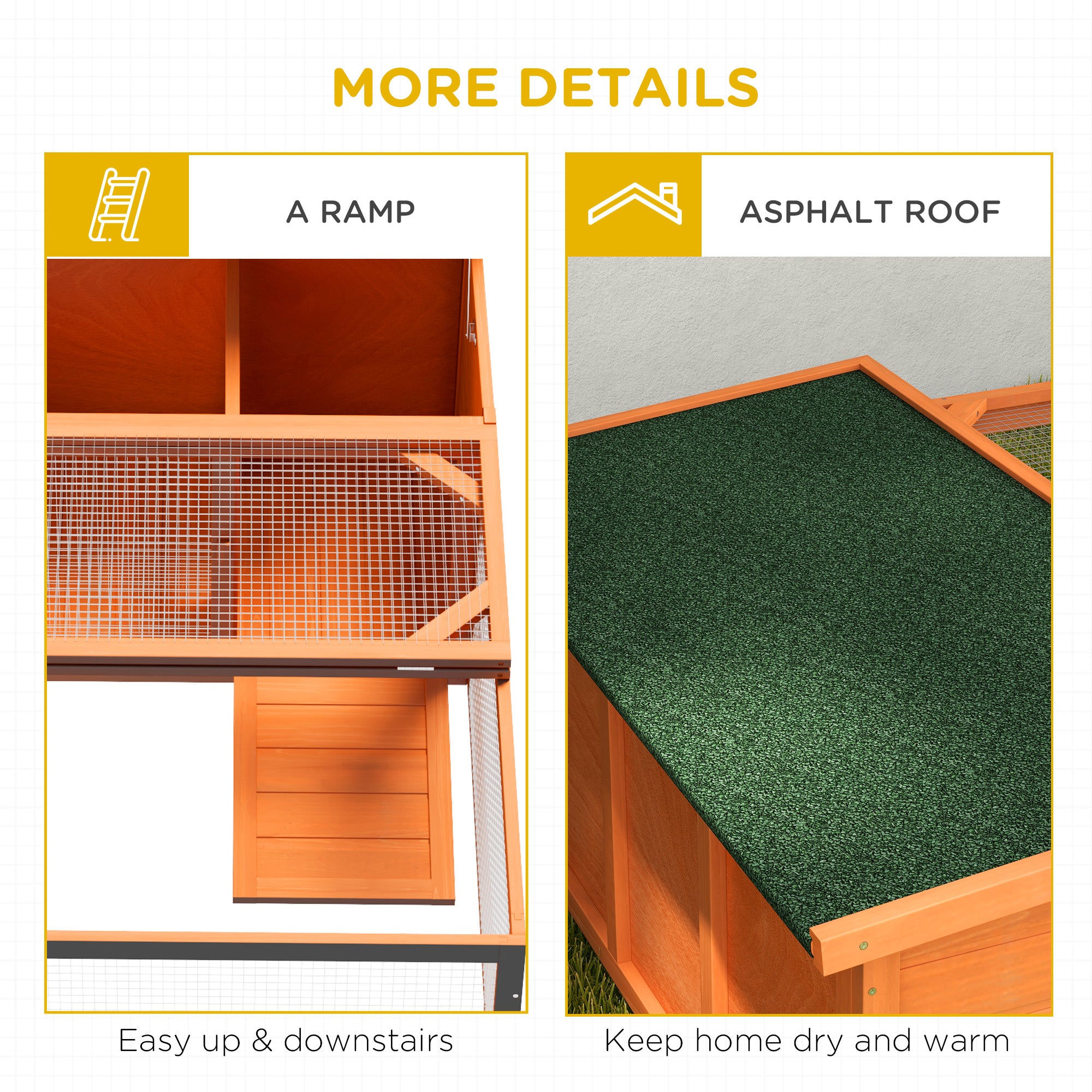 PawHut Rabbit Hutch Outdoor Guinea Pig Hutch with Run Small Animal Off-ground Duck House Hideaway Backyard with Openable Roof 125.5 x 100 x 49cm Orange 