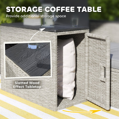 Outsunny 5 Piece Rattan Garden Furniture Set, Nesting Outdoor Furniture Conversation Set with 2 Footstools, WPC Storage Coffee Table and Cushions, Wicker Garden Sofa for Conservatory, Terrace, Grey 