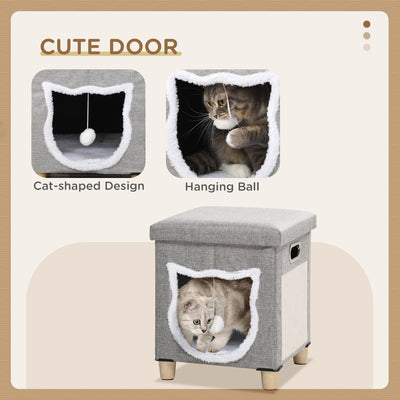 PawHut 2 in 1 Cat Bed Ottoman, Comfortable Cat Sleeping Cave House w/ Removable Cushion, Scratching Pad, Handles, Anti-Slip Foot Pad, Toy Ball, Entrance - Grey 