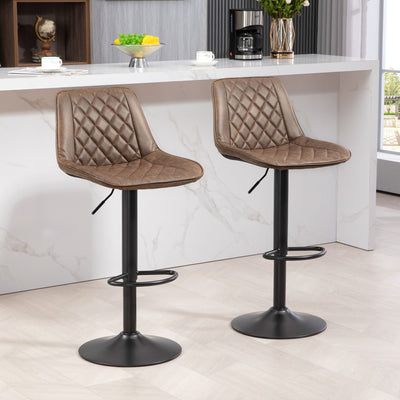 HOMCOM Bar Stools Set of 2, Retro Adjustable Kitchen Stool, Swivel PU Leather Upholstered Bar Chairs with Back, Footrest and Steel Base, Brown 