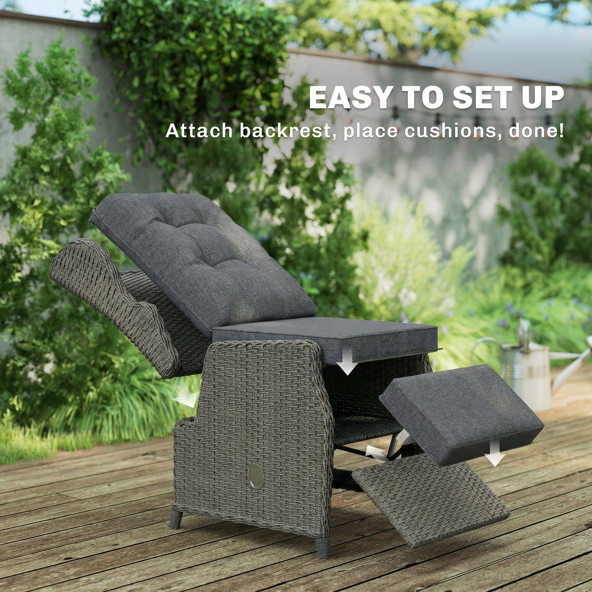 Outsunny Rattan Garden Recliner Chair, Reclining Garden Chair with Adjustable Back and Footrest, Flip Table, Cushion, Dark Grey 