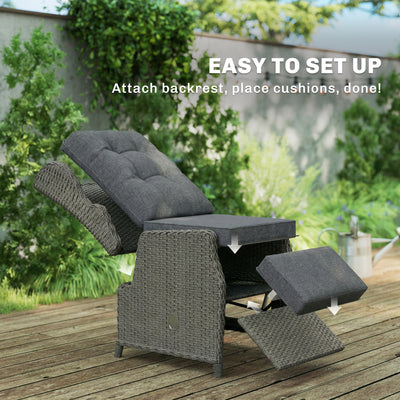Outsunny Rattan Garden Recliner Chair, Reclining Garden Chair with Adjustable Back and Footrest, Flip Table, Cushion, Dark Grey 