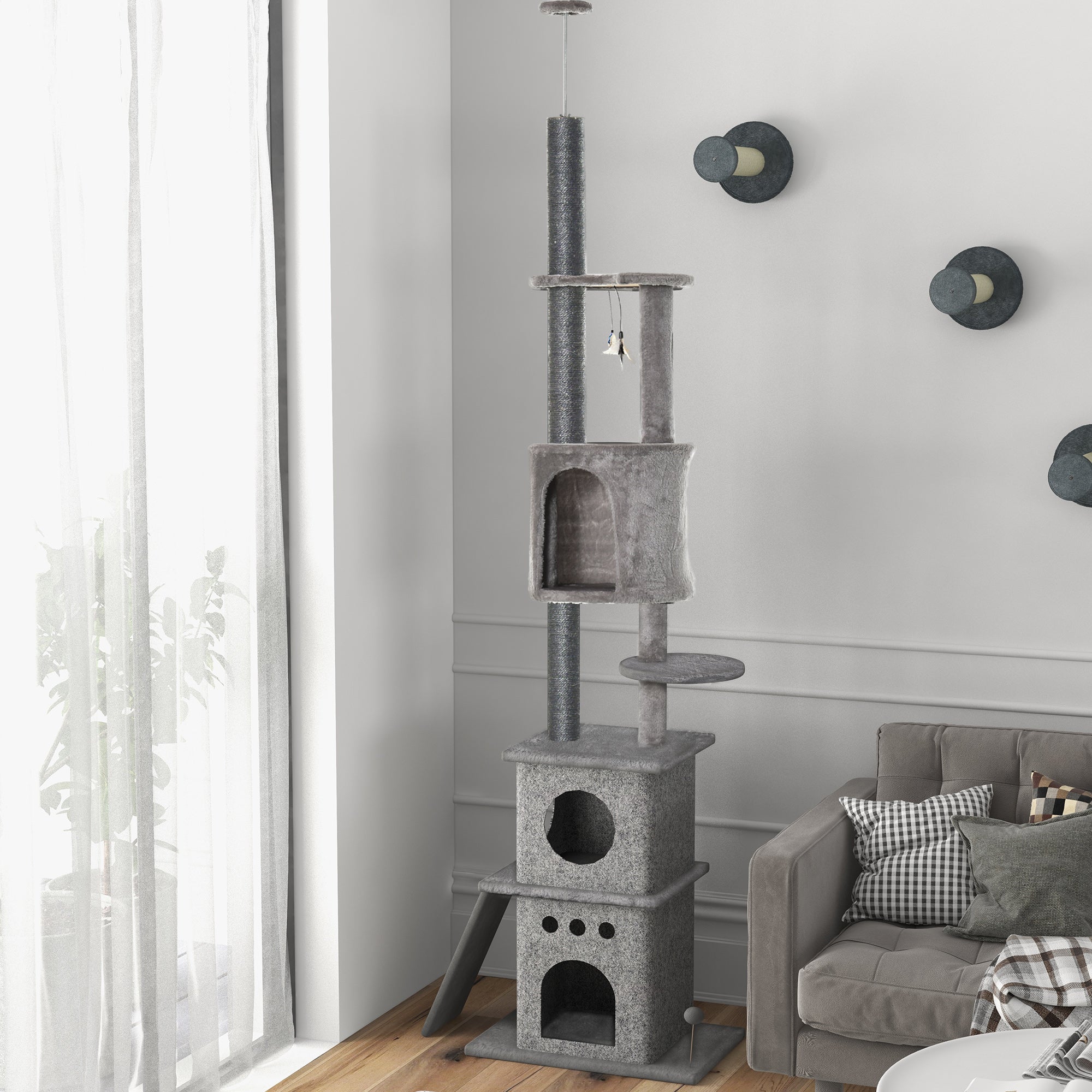 PawHut 255cm Floor To Ceiling Cat Tree for Indoor Cats Climber Scratching Post Adjustable Height Play Tower Removable Cover Grey 