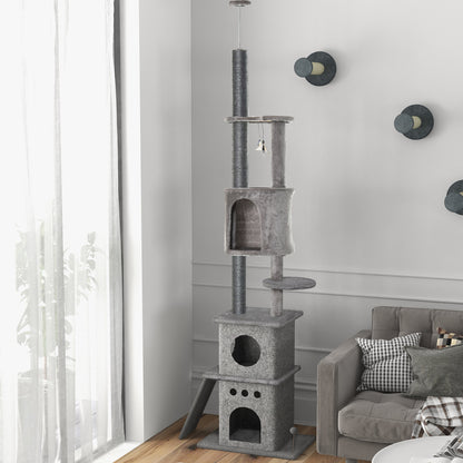 PawHut 255cm Floor To Ceiling Cat Tree for Indoor Cats Climber Scratching Post Adjustable Height Play Tower Removable Cover Grey 