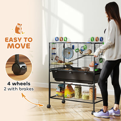 PawHut 3 Tier Large Hamster Cage on Wheels with 17 cm Deep Tray, Storage Shelf for Syrian, Gerbil, Rats 