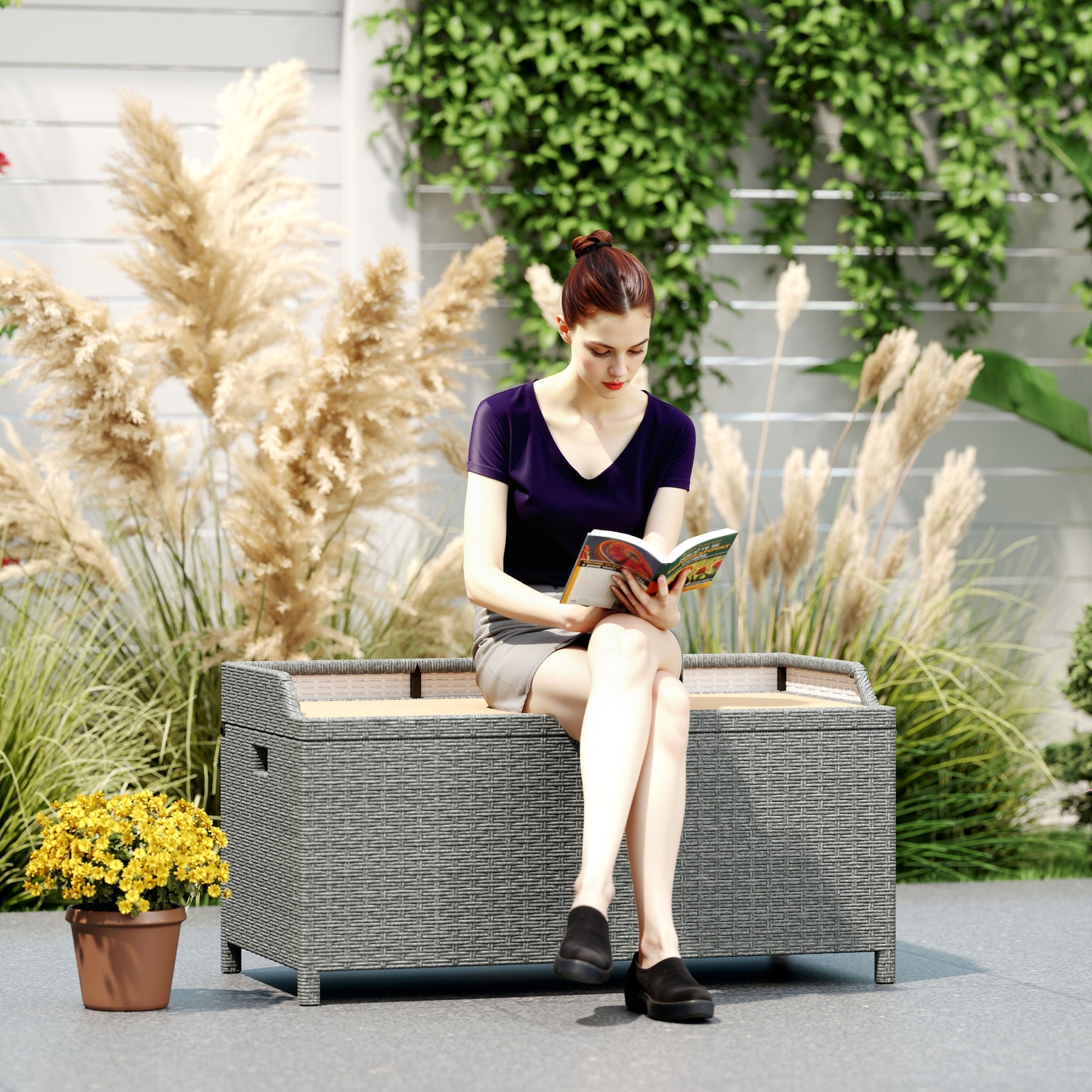 Outsunny 130 L Rattan Garden Storage Box, with Seat - Grey 