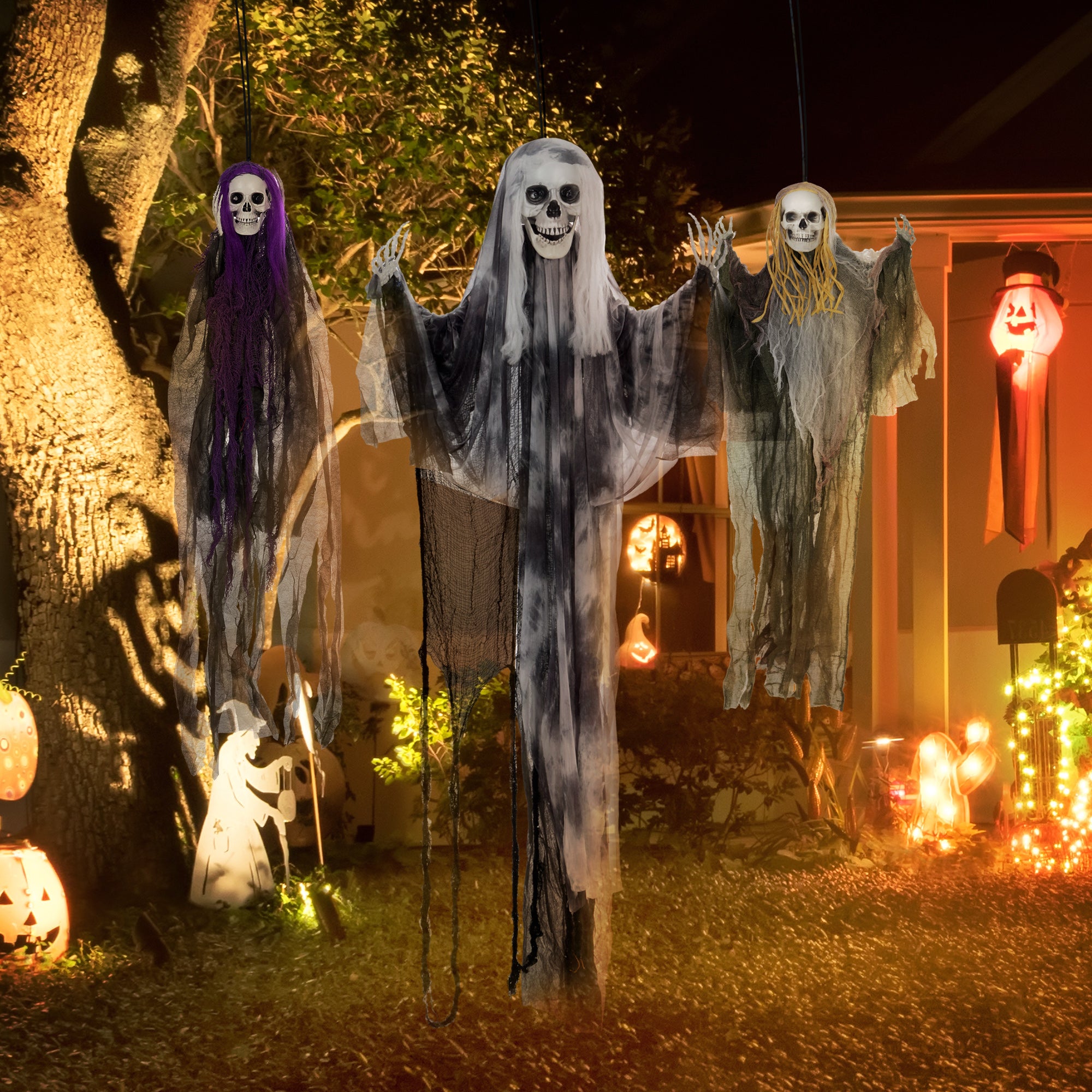 HOMCOM Set of 3 Hanging Skeleton Halloween Decorations, Scary Flying Ghost for Garden, Party, 90/110/170cm