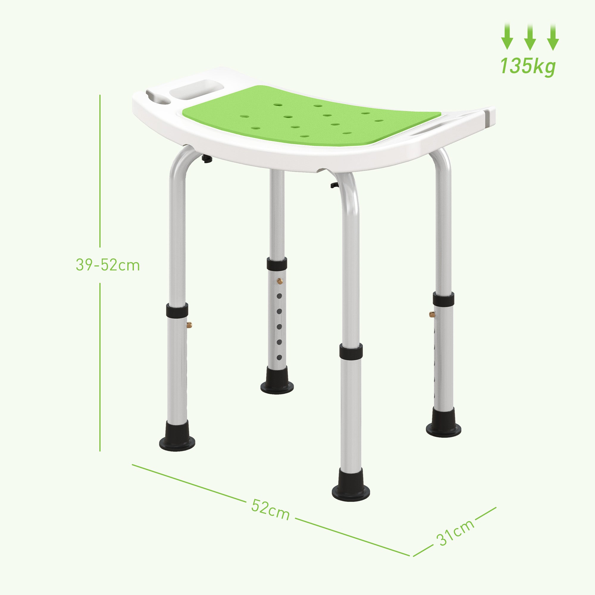 HOMCOM 6-Level Height Adjustable Aluminium Bath Room Stool Chair Shower Non-Slip Design w/ Padded Seat Drainage Holes Foot Pad, Green 