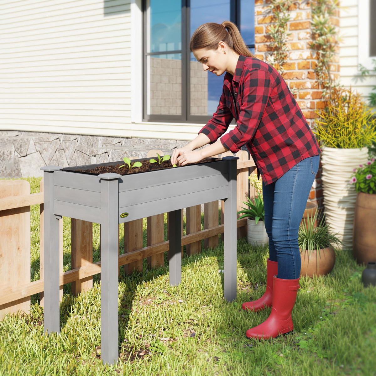 Outsunny Raised Bed for Garden, Wooden Elevated Planter Box with Bed Liner, for Flower Vegetable Herb, Dark Grey 