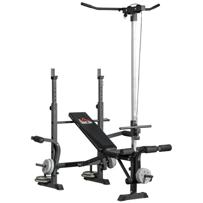 HOMCOM Adjustable Weight Bench with Pulley System, Incline Bench Press Set with Squat Rack, Leg Developer, Butterfly and Weight Storage, for Home Gym Full Body Workout 