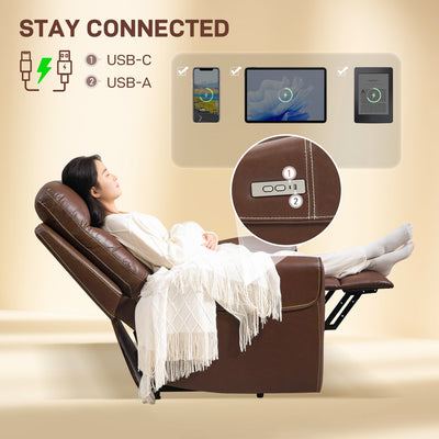 HOMCOM Power Lift Recliner Chair for Elderly, Overstuffed Faux Leather Riser and Reclining Chair with USB A+C Ports, Remote Control, Recliner Armchair for Living Room, Brown 