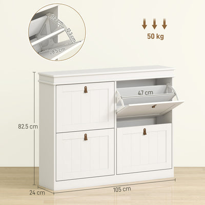 HOMCOM Slim Shoe Cabinet, Shoe Cabinet with 4 Drop-Down Drawers, 105W x 24D x 82.5H cm,  White 
