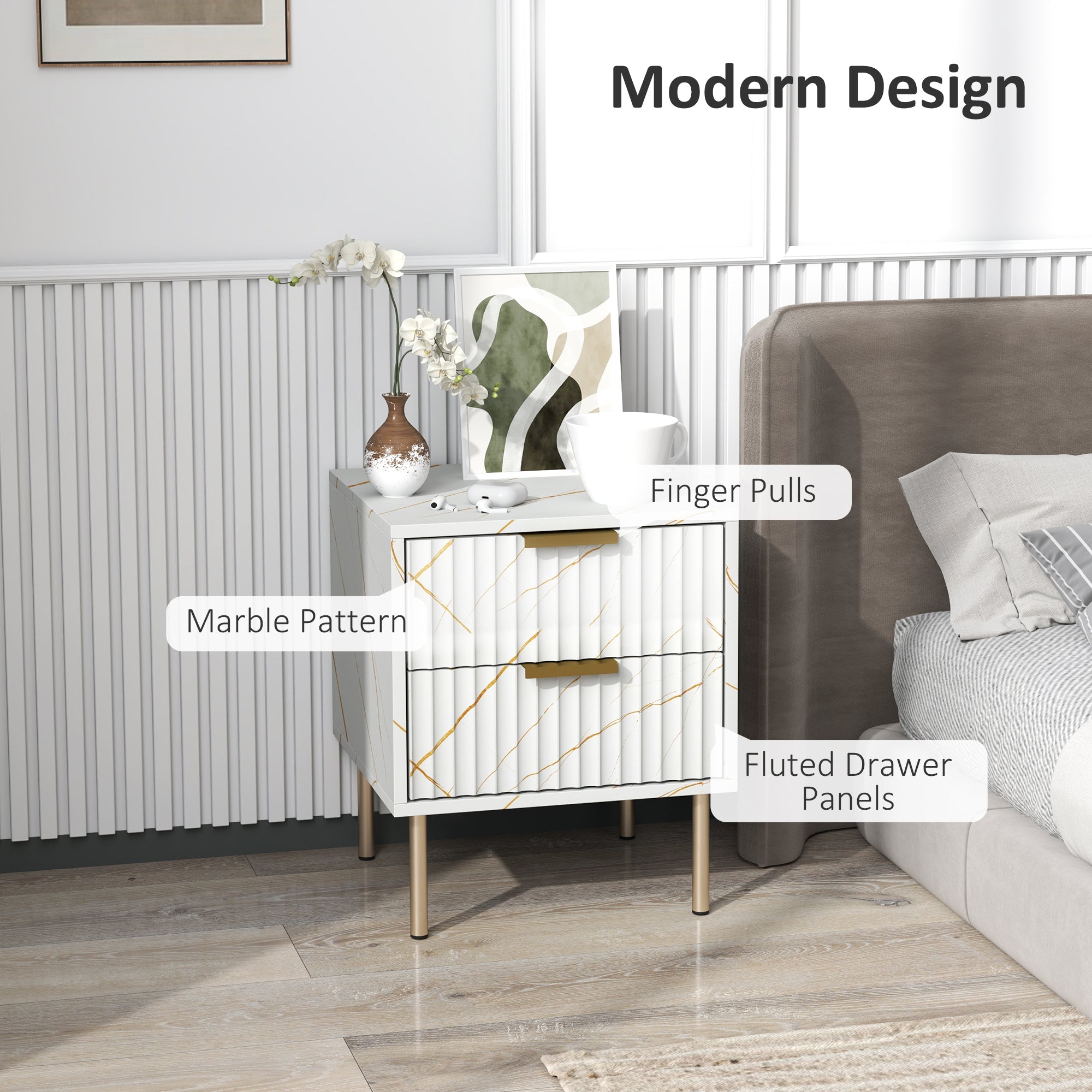 HOMCOM Elegant Two-Drawer Bedside Table - White 
