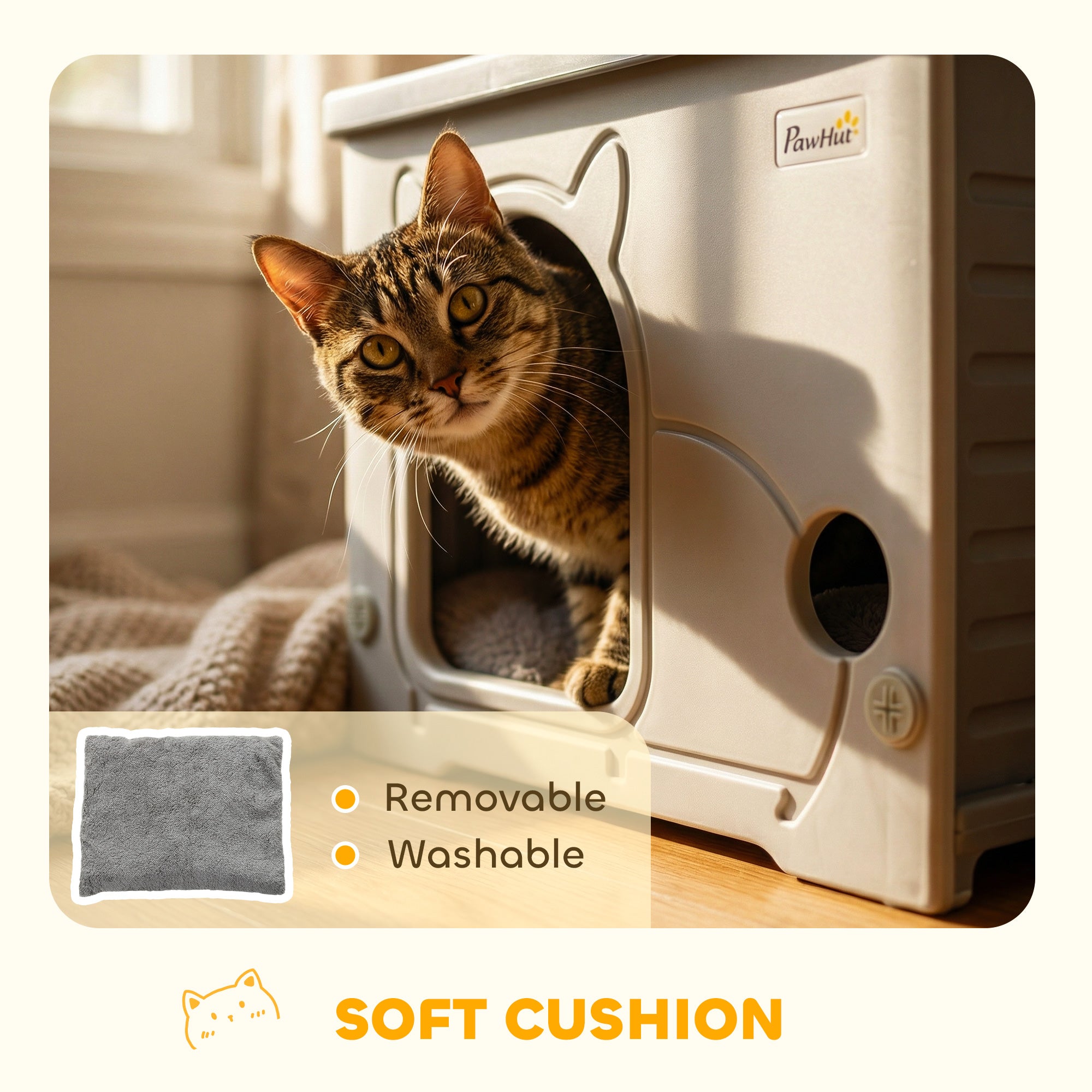 PawHut Cat House Stackable Pet Shelter with Removable Cushion for Indoor Outdoor Use Grey 