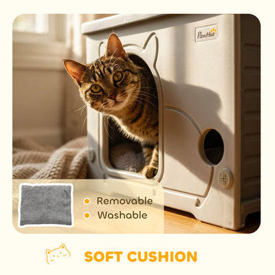 PawHut Cat House Stackable Pet Shelter with Removable Cushion for Indoor Outdoor Use Grey 