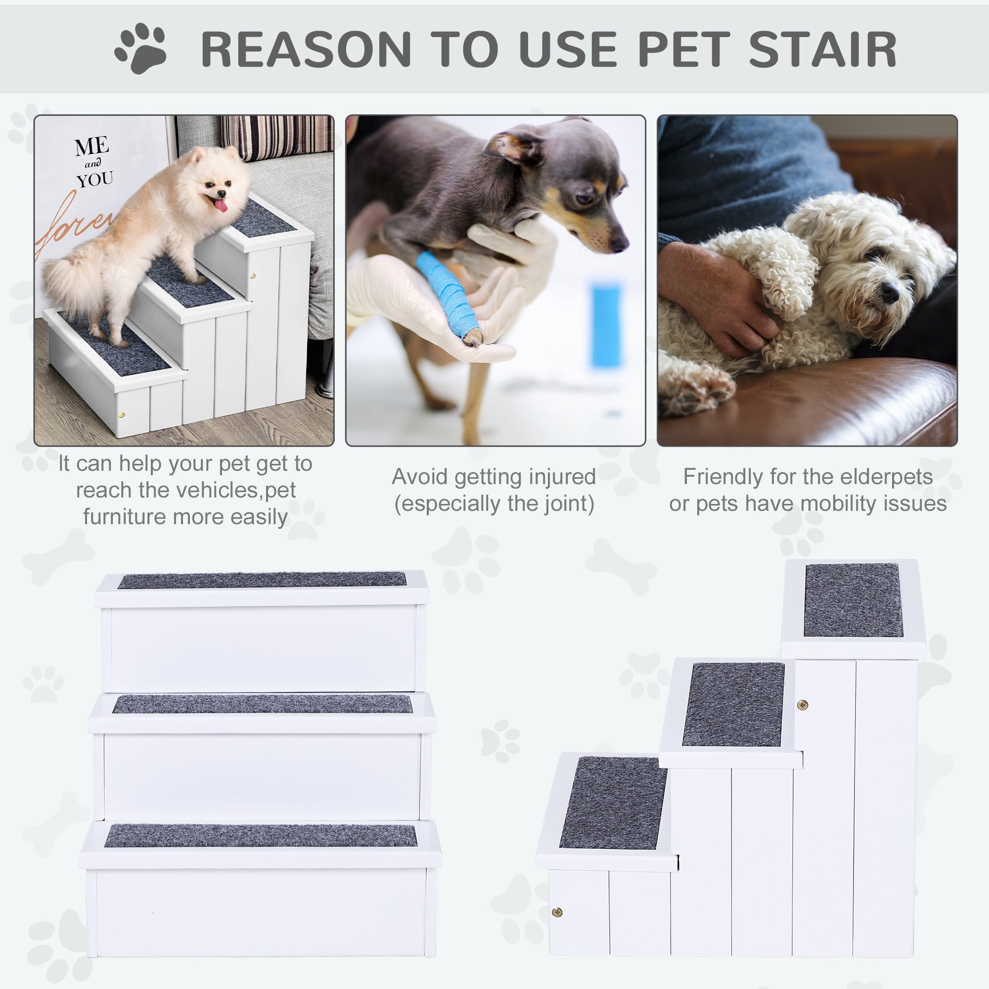PawHut 3 Step Wooden Dog Steps Pet Stairs for Dogs, Cat Ladder for Bed Couch with Storage White 