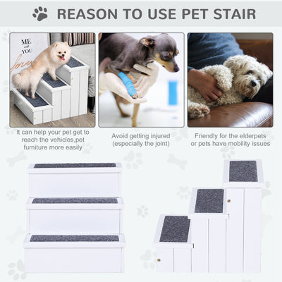 PawHut 3 Step Wooden Dog Steps Pet Stairs for Dogs, Cat Ladder for Bed Couch with Storage White 
