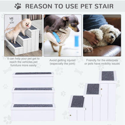 PawHut 3 Step Wooden Dog Steps Pet Stairs for Dogs, Cat Ladder for Bed Couch with Storage White 
